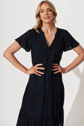 Navy Linen Blend Midi Shirt Dress by Marvela